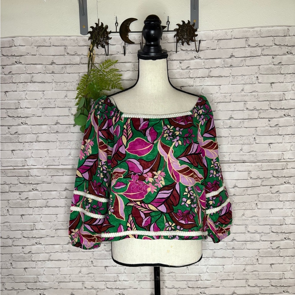 Cynthia Rowley Bright Floral Printed Linen Cropped Peasant Blouse